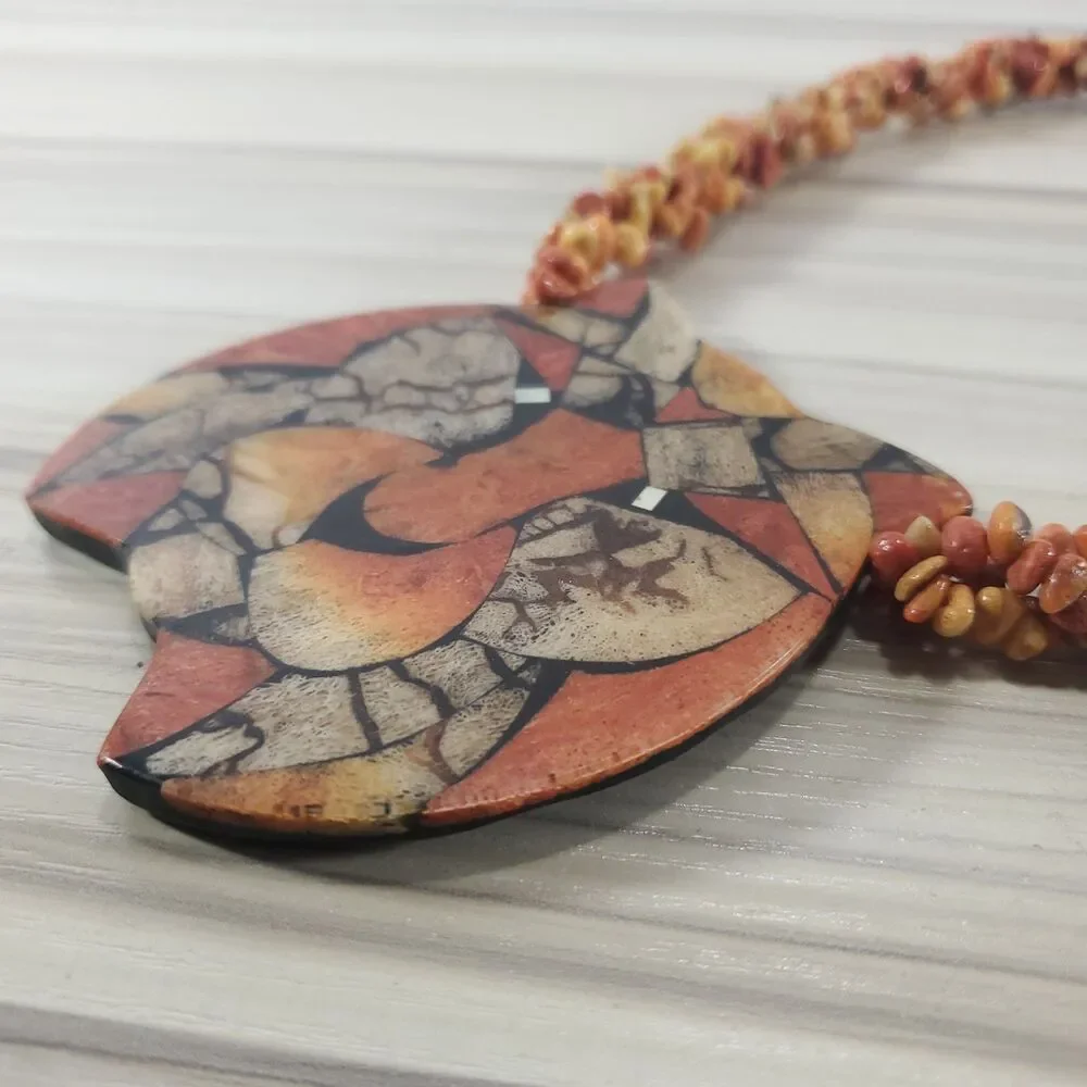 Vintage Lee Sands Inlaid Lion Pendant Statement Necklace Coral Orange 9" 22" - Picture 10 of 12